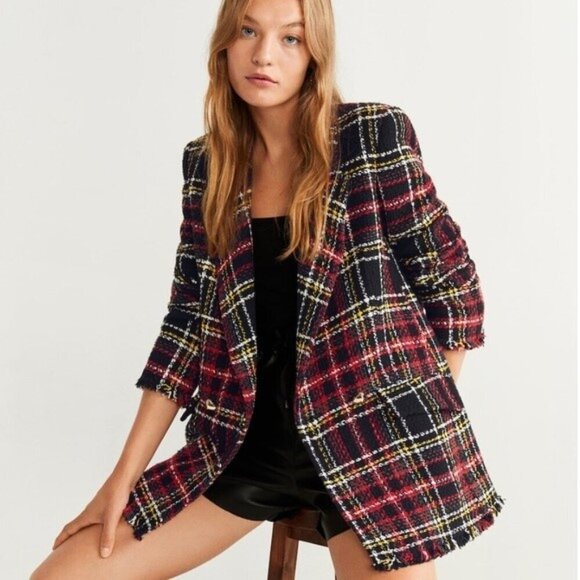 💕MANGO💕 Buttons Tweed Blazer ~ Multi-Color Plaid Print US Medium - Picture 1 of 15